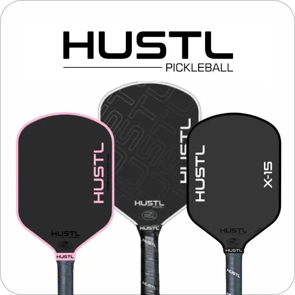 Hustl Pickleball logo with three latest paddles from Melbourne paddle maker