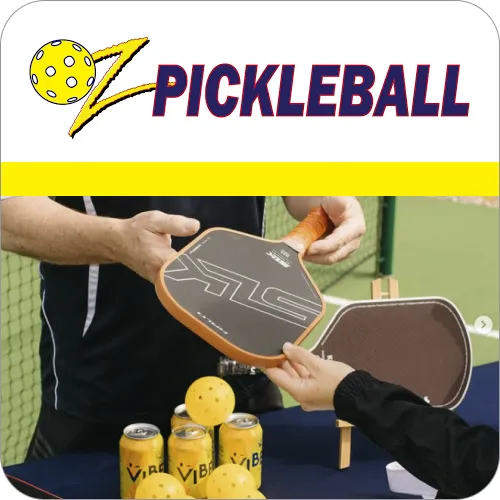 Oz Pickleball in Bendigo with player holding paddle at event stall