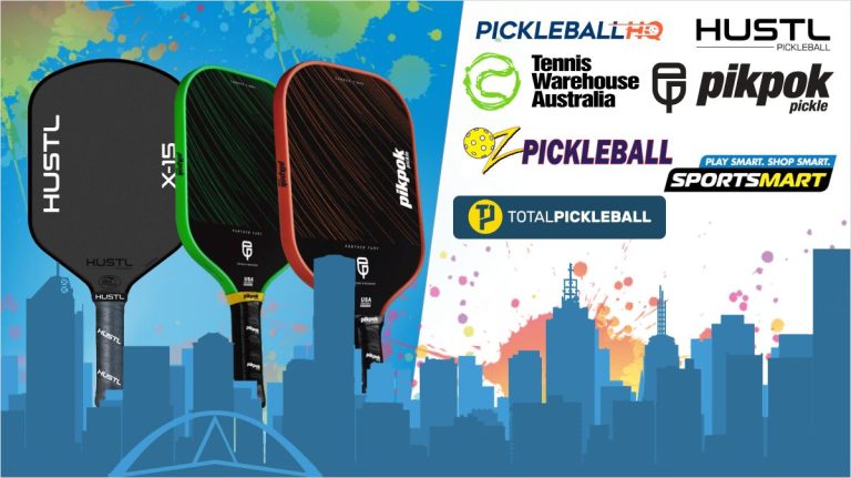 Melbourne skyline with local pickleball paddles and logos of Melbourne-based paddle brands and stores