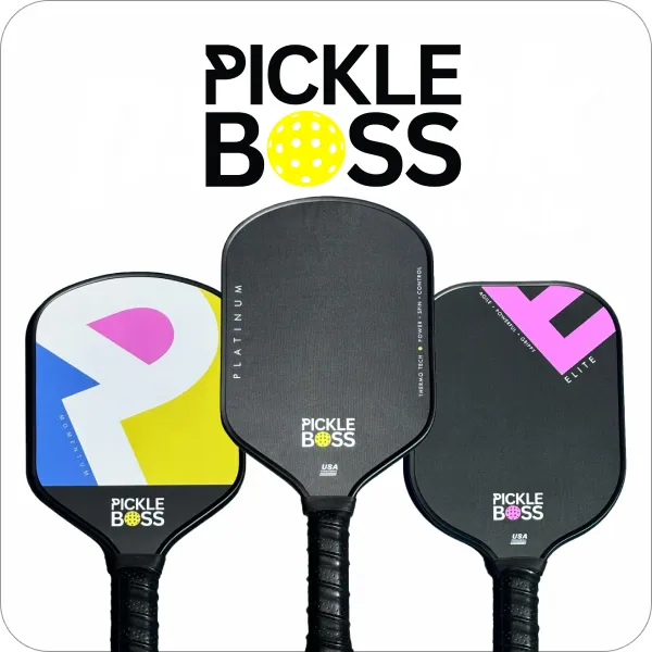 Pickleboss logo with three current paddles from Melbourne brand