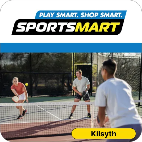 Sportsmart Kilsyth logo with players in mid-game pickleball rally