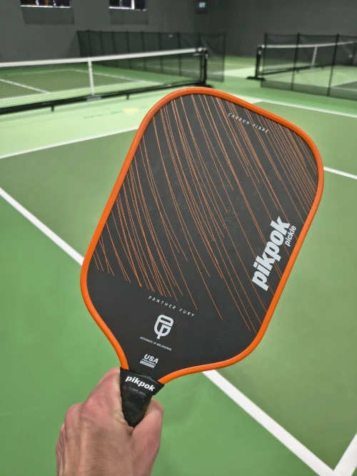 Holding the Panther Fury paddle at a local pickleball court during hands-on testing for our paddle review