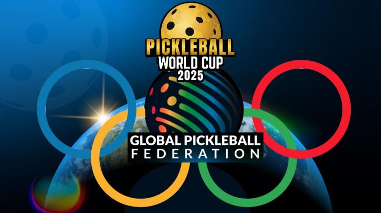 Logos of the Global Pickleball Federation, Pickleball World Cup 2025, and Olympic rings symbolizing the event as a dress rehearsal for the Olympics.