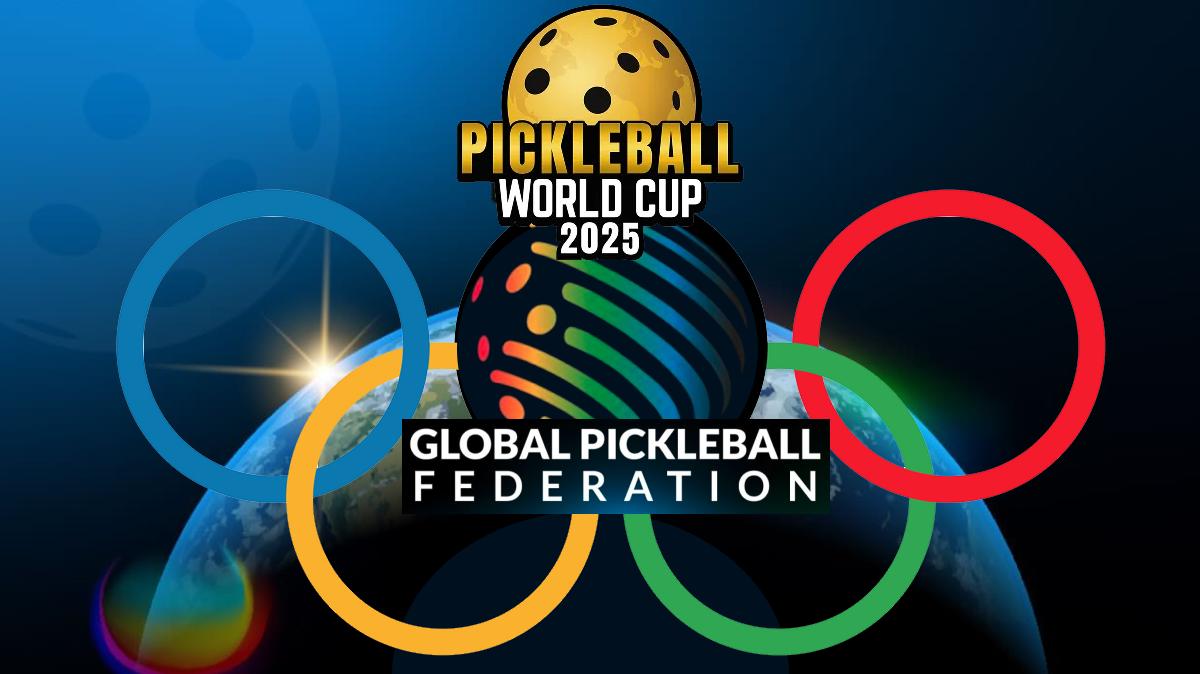 Logos of the Global Pickleball Federation, Pickleball World Cup 2025, and Olympic rings symbolizing the event as a dress rehearsal for the Olympics.