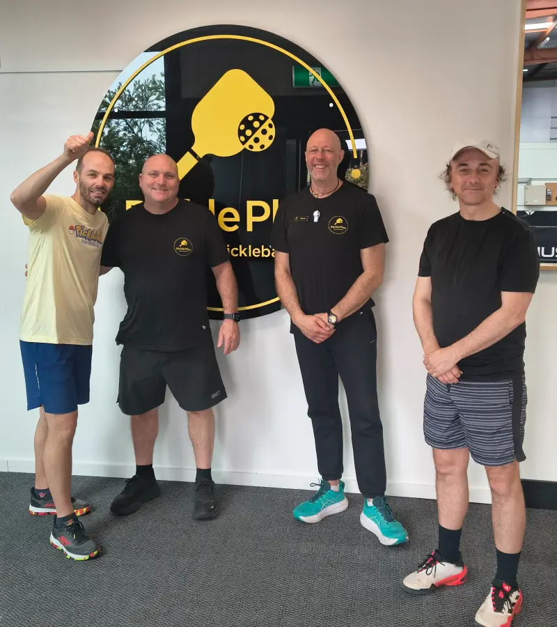 Aussie Pickleball Bros with Pickleplay Dingley owner Tony Lotzof and manager Warren at the pickleball venue