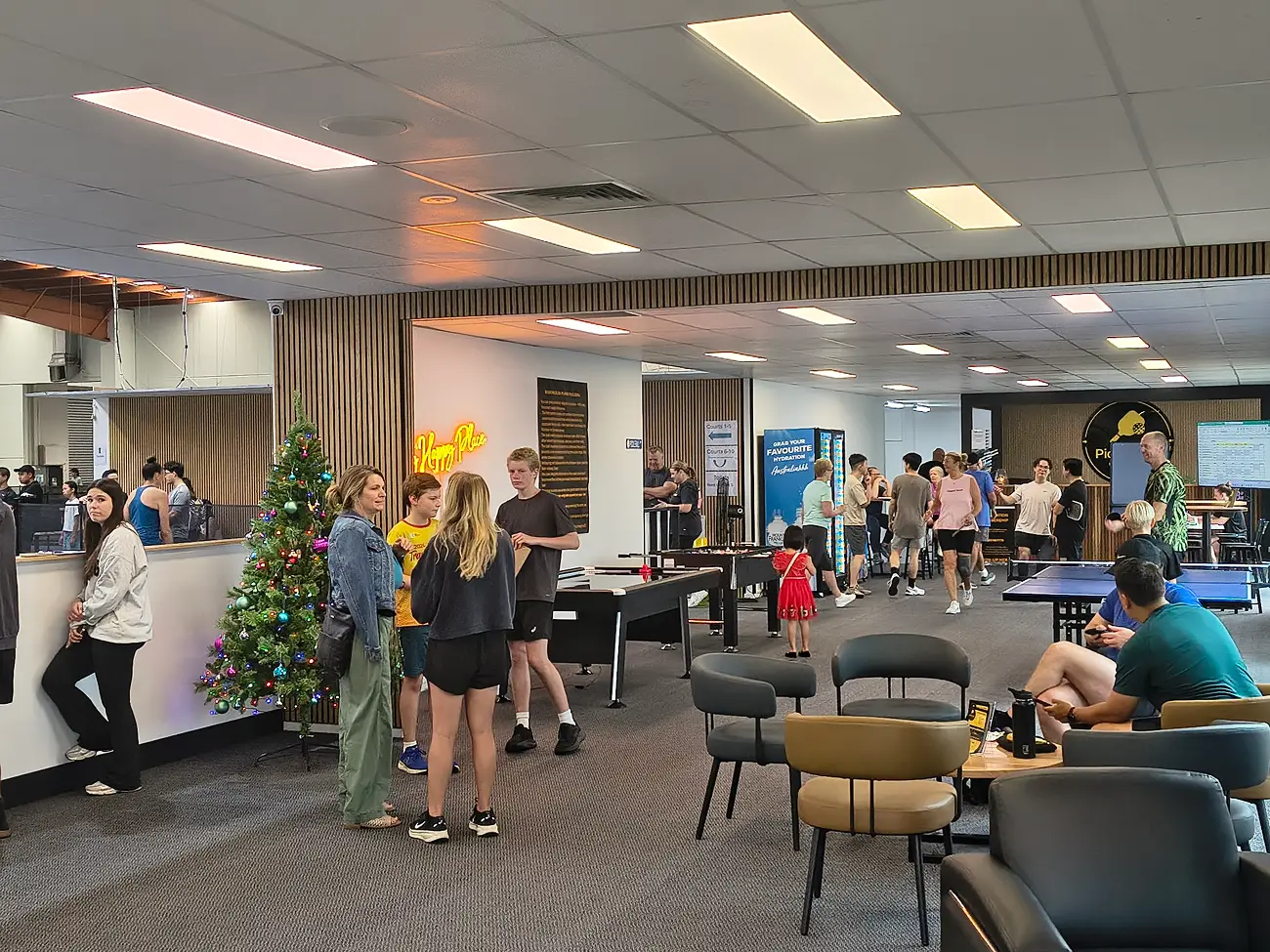 Players and spectators gathered in the Pickleplay Dingley lobby during a first pickleball tournament